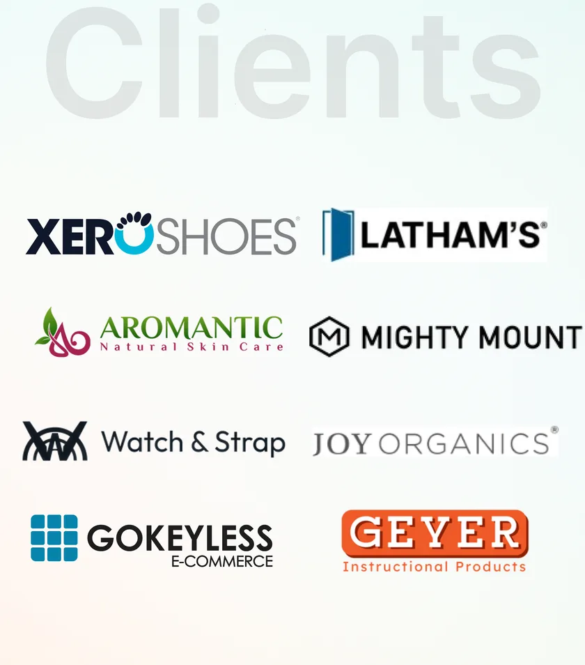Client logos: Xero Shoes, Latham’s, Aromantic, Mighty Mount, Watch & Strap, Joy Organics, GoKeyless, Geyer