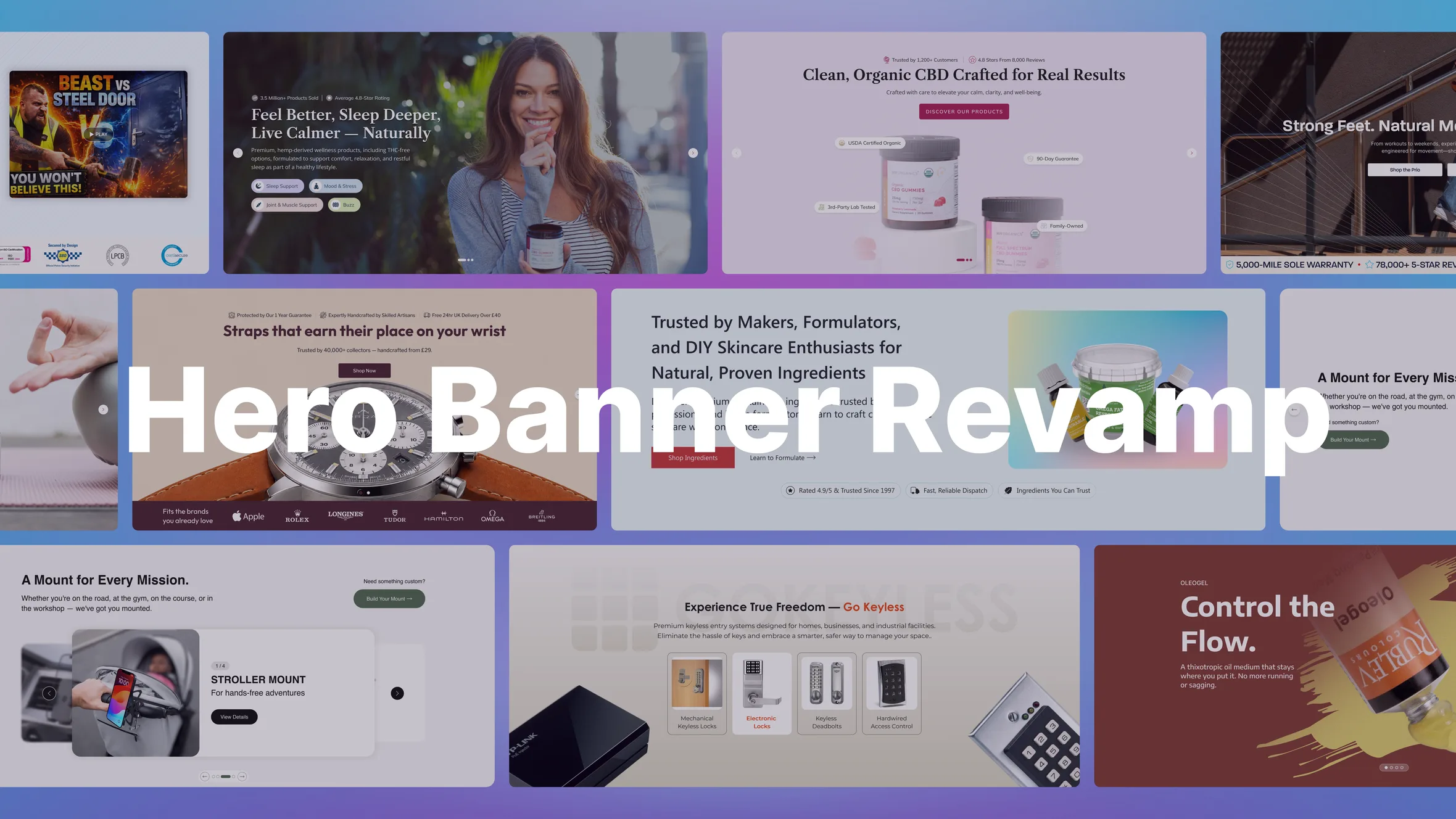 Collage of redesigned hero banners for many client brands under the title Hero Banner Revamp