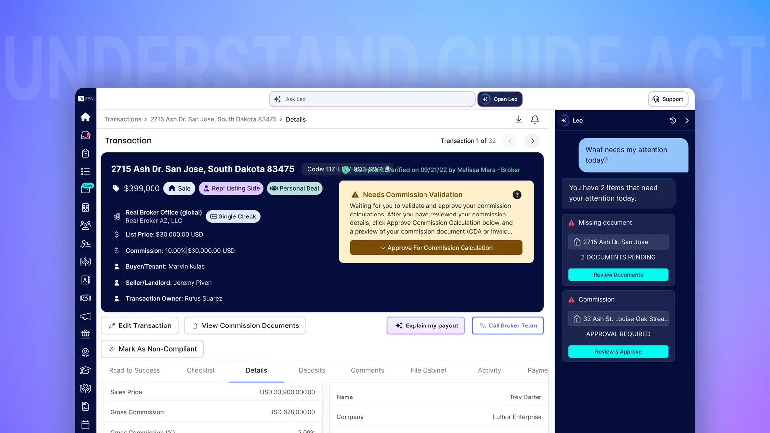 Dashboard with LEO listing items that need attention, under the words Understand, Guide, Act