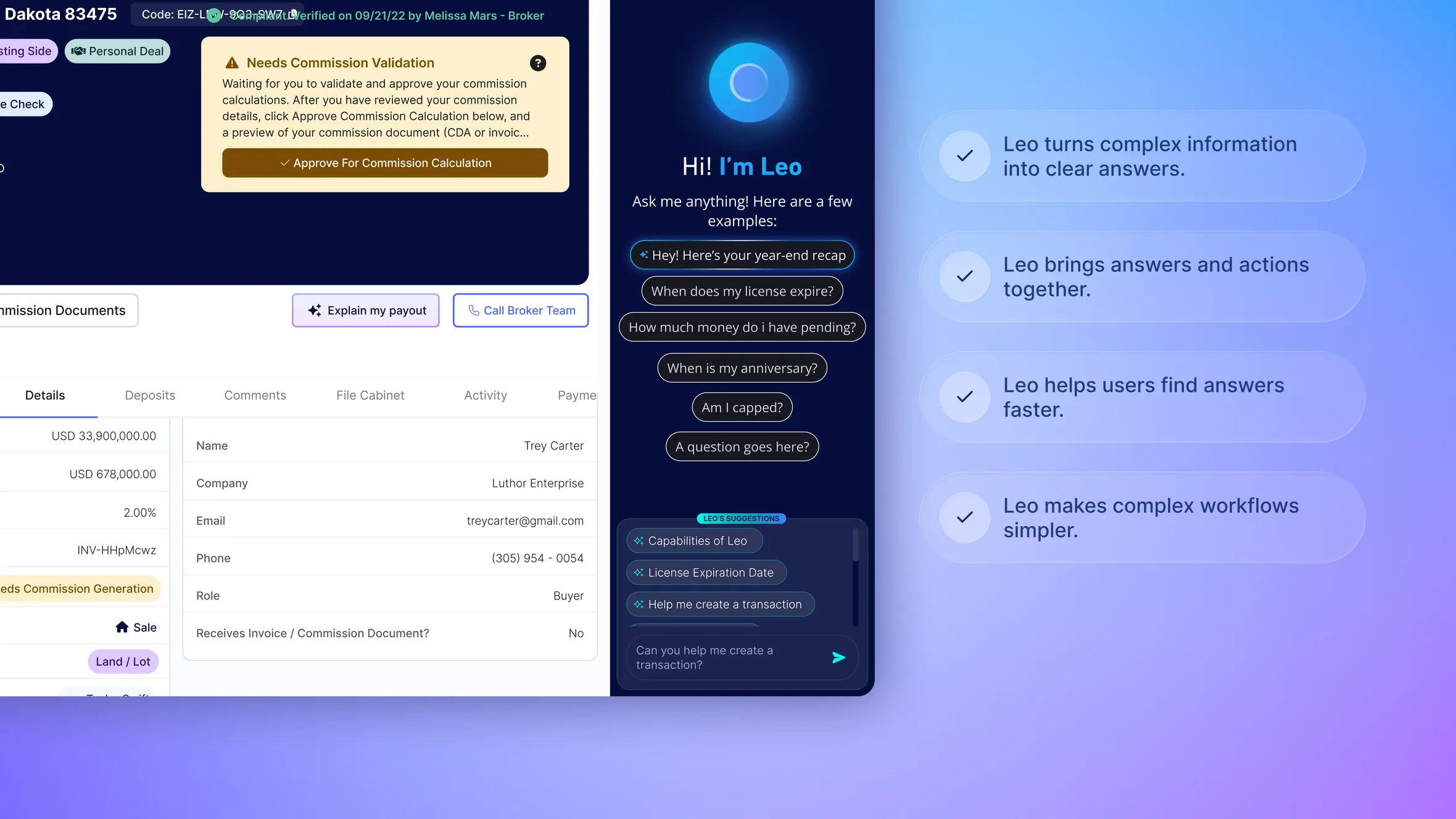 LEO panel beside the dashboard, with four features: turns complex information into clear answers, brings answers and actions together, helps users find answers faster, makes complex workflows simpler
