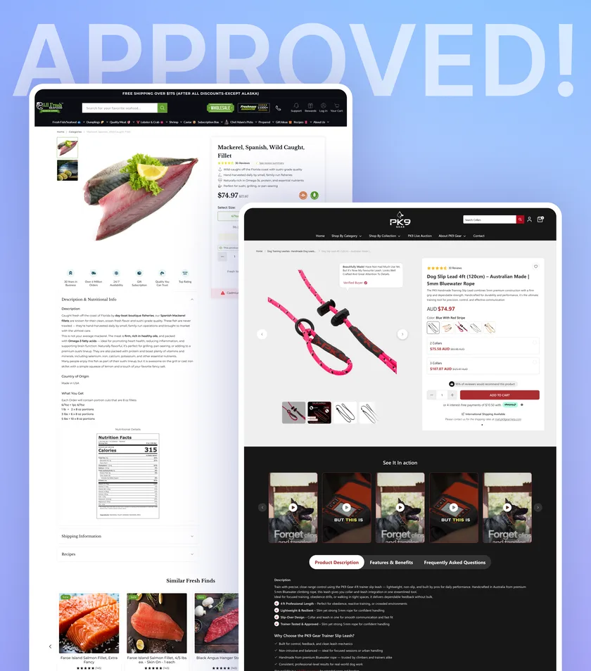 The approved product page designs for All Fresh Seafood and PK9 Gear