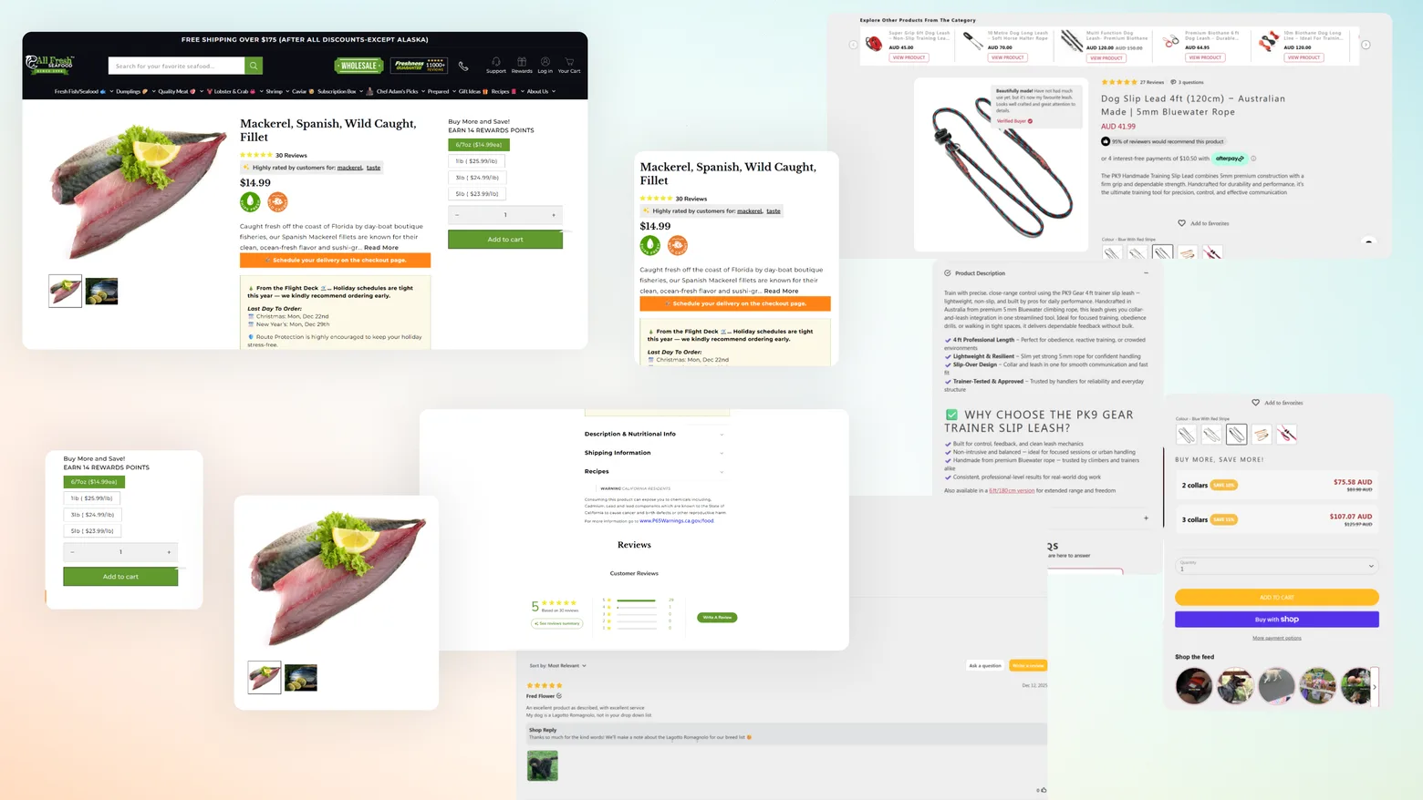 Collage of sections from the existing product pages