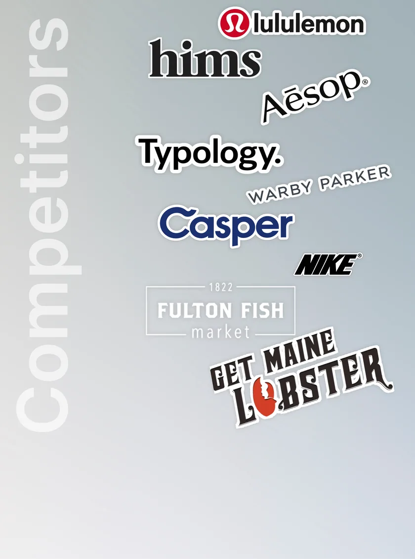 Competitor logos: lululemon, hims, Aesop, Typology, Warby Parker, Casper, Nike, Fulton Fish Market, Get Maine Lobster