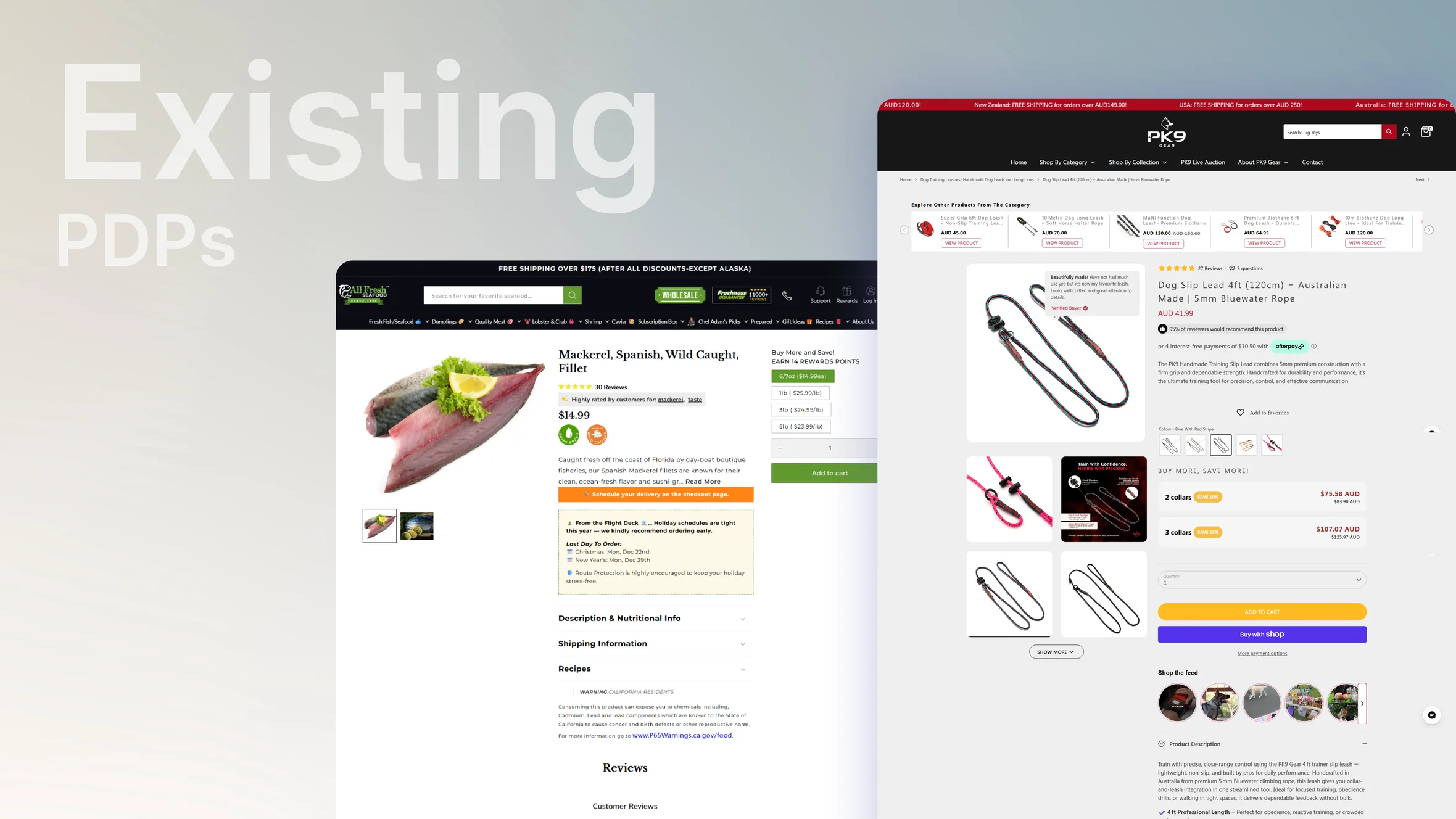 The existing All Fresh Seafood and PK9 Gear product pages before the redesign