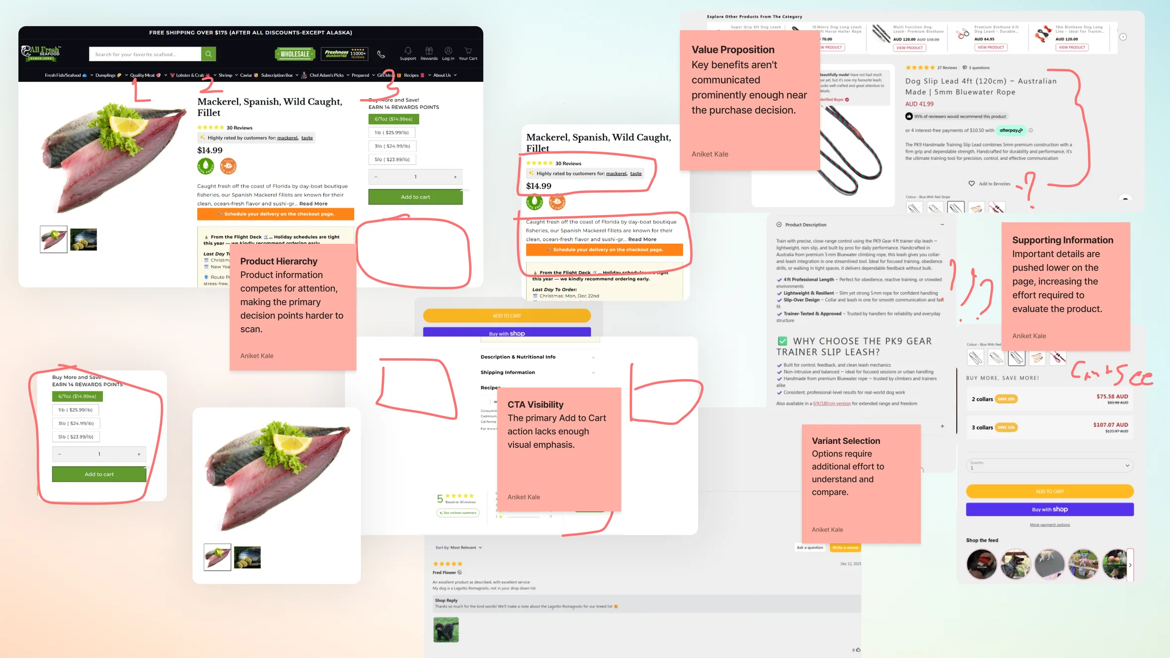 Annotated audit of the existing product pages with notes on hierarchy, value proposition, CTA visibility and variant selection
