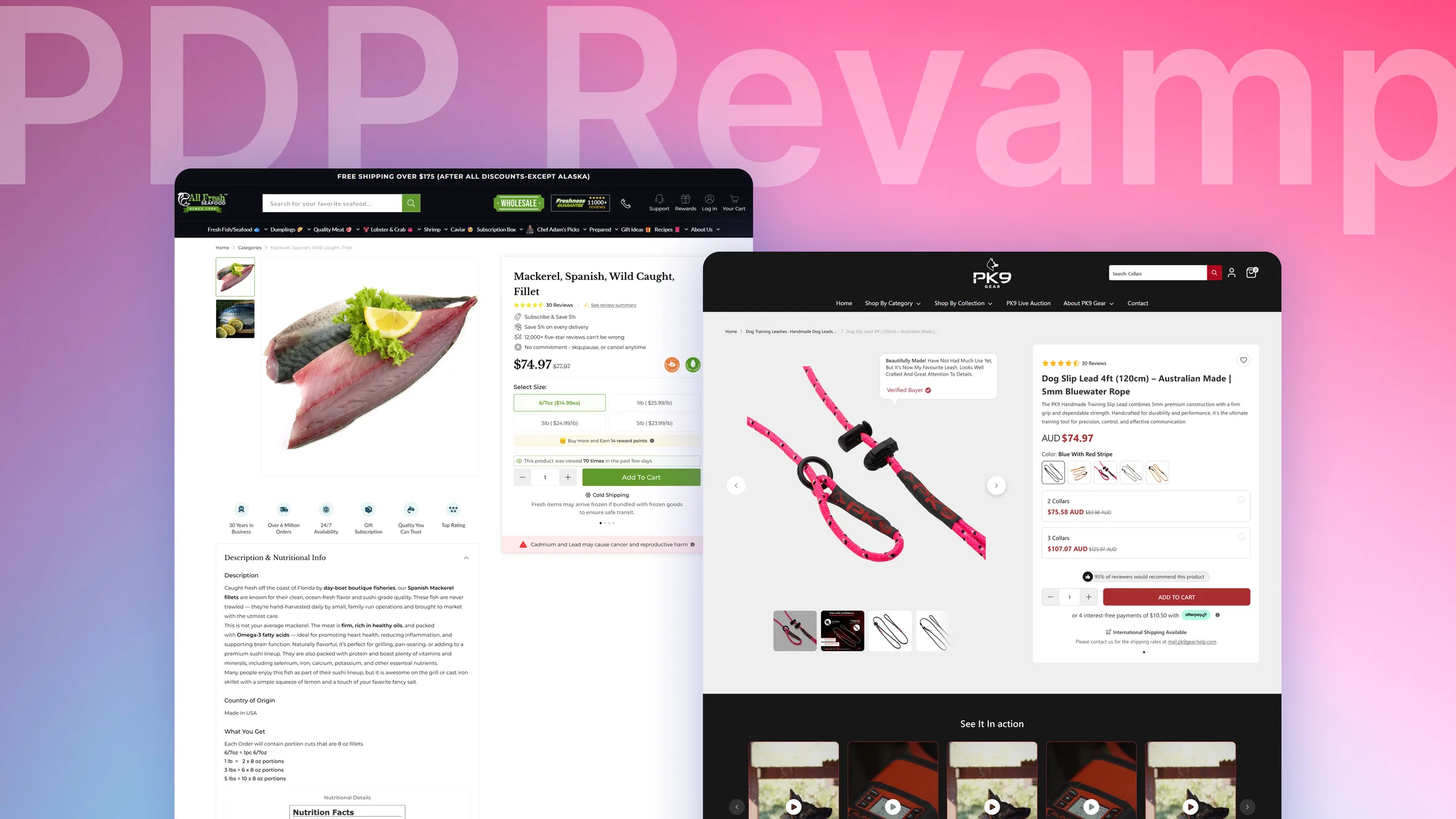 PDP Revamp banner with the All Fresh Seafood and PK9 Gear product pages