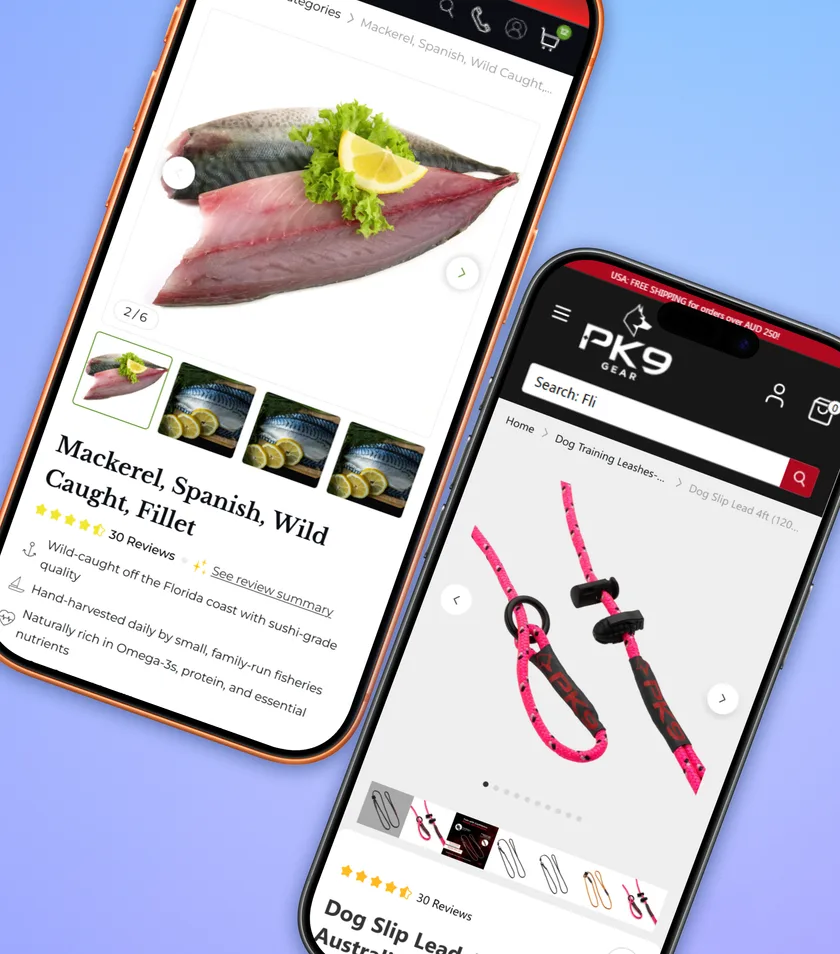 The redesigned product pages on two phones