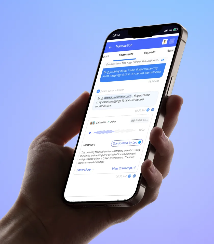 Hand holding a phone showing a ROAR call and transcript summary in the mobile app