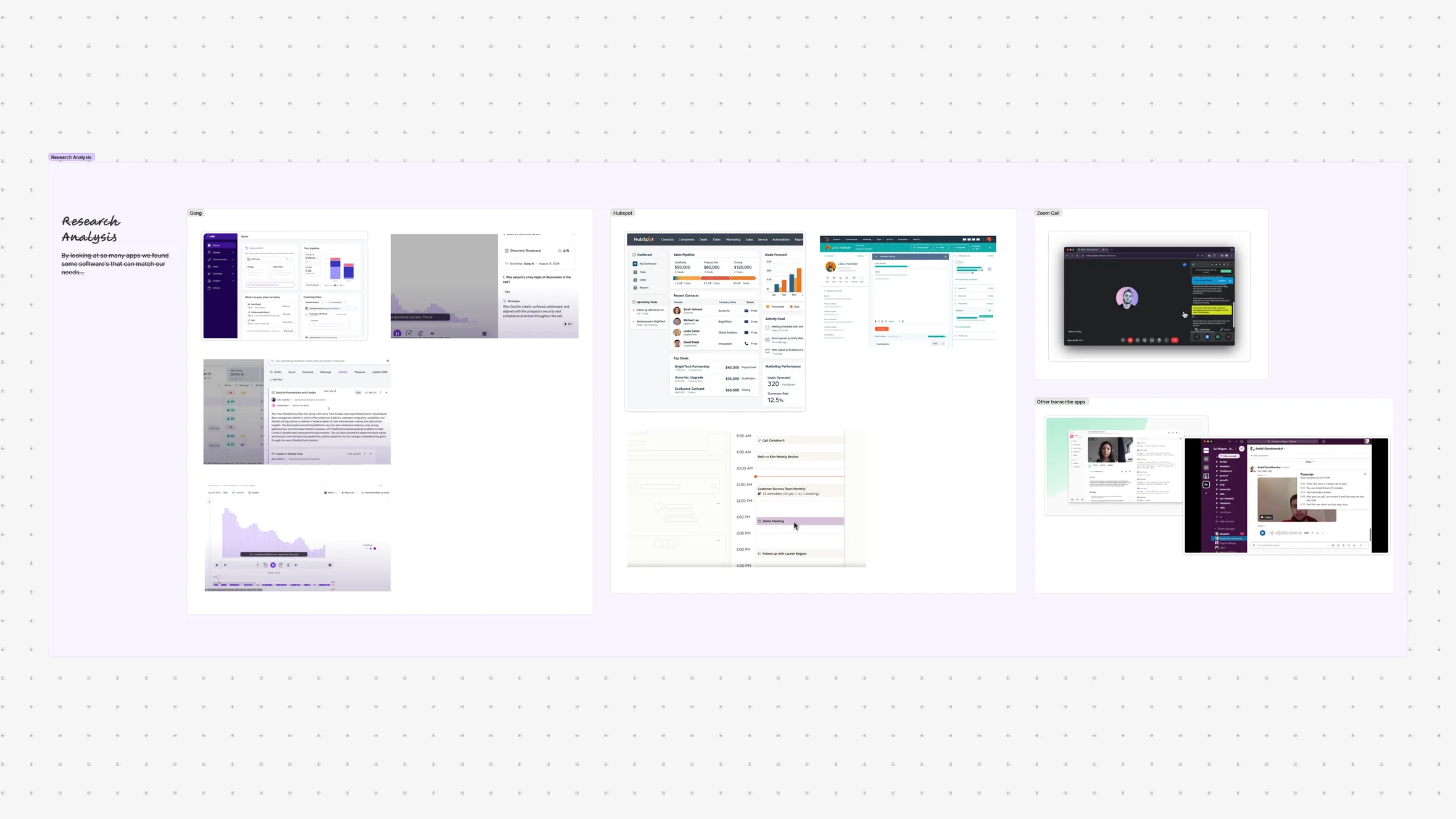 Research analysis board comparing calling and transcription UIs from other apps