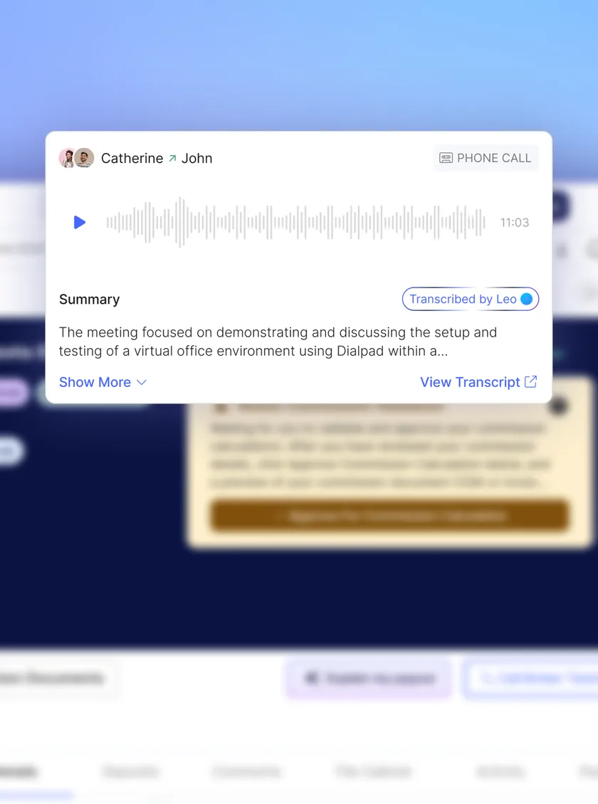 Recorded phone call card with an AI summary transcribed by Leo